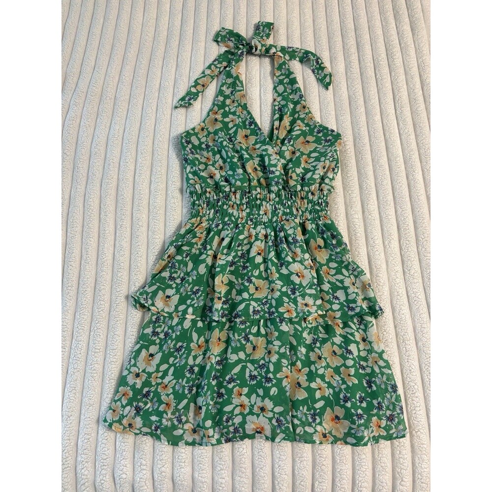 Sienna Sky Halter Ruffle Mini Dress Women’s XA Green Floral Wedding Guest Picnic